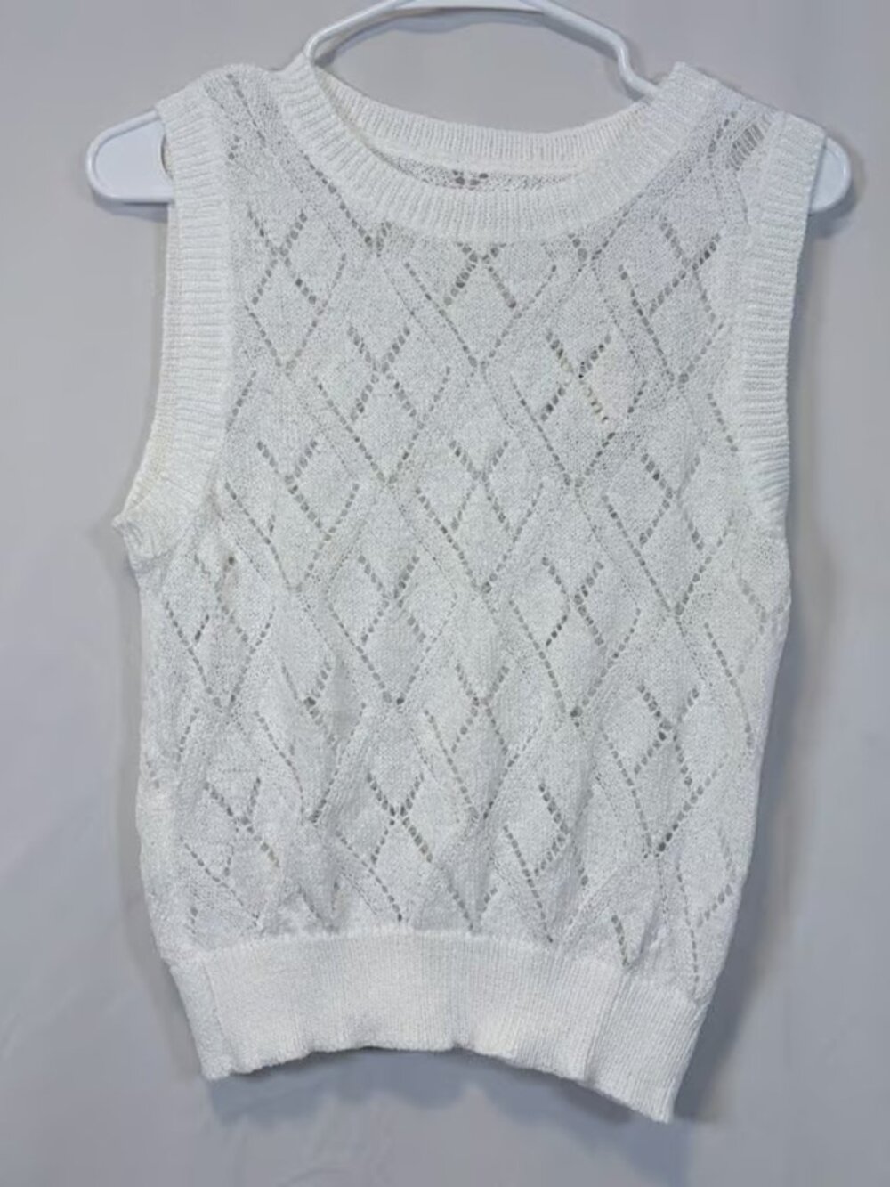 CUPSHE Sweater Vest Diamond Pointelle Knit White Sleeveless Crew Neck L